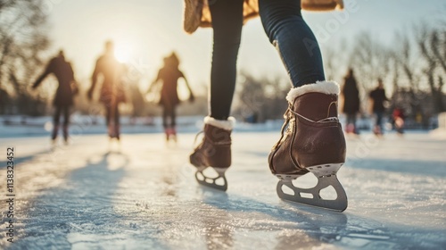 A festive ice skating carnival in a frozen lake with skaters gliding gracefully under winter skies, Ice skates glinting in sunlight, Winter carnival style photo