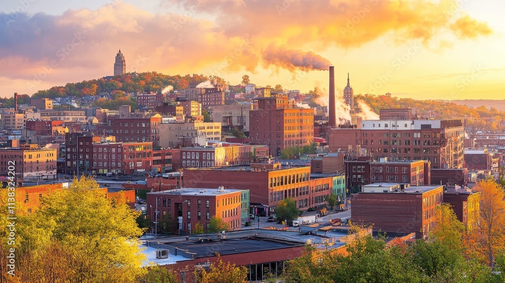 Obraz premium Cityscape at Sunset with Smoky Industrial Charm