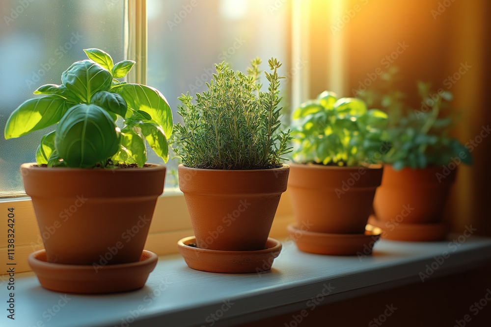Fresh herbs growing in terracotta pots on windowsill. Fresh herbs growing in terracotta pots on windowsill.