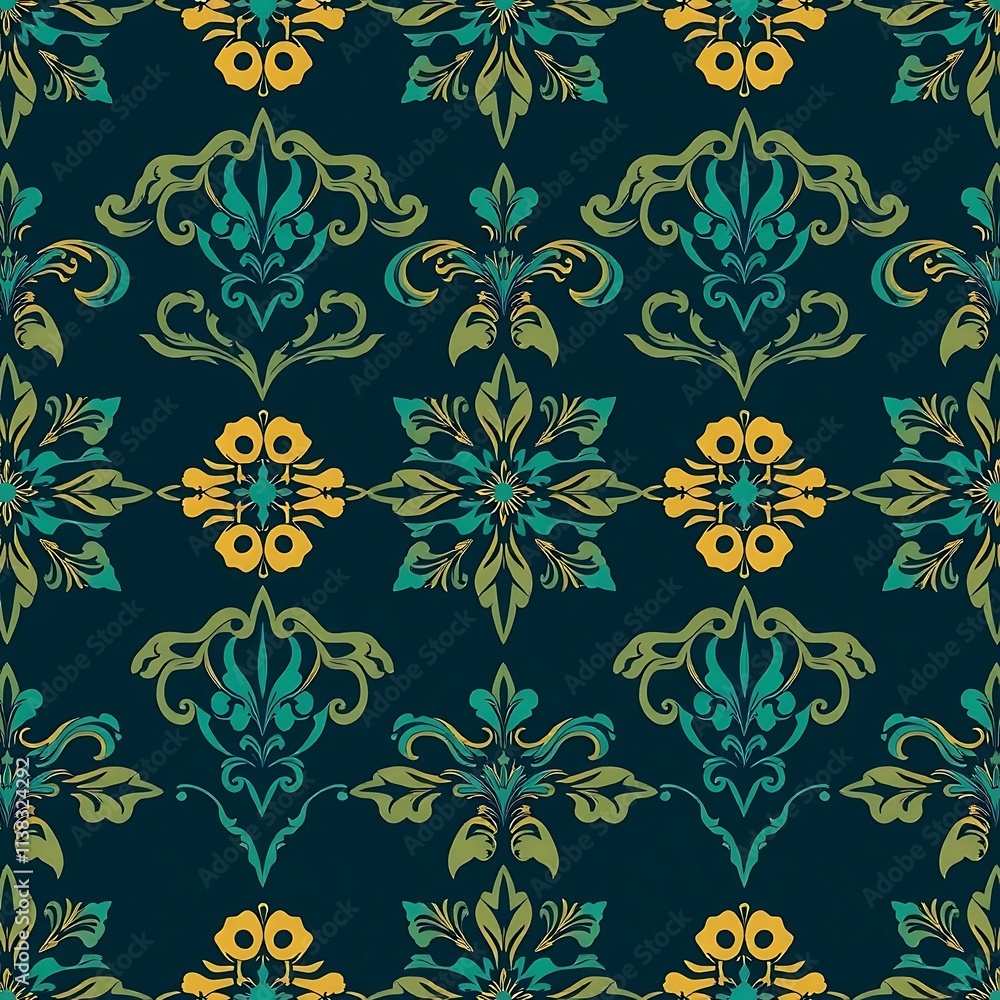 Obraz premium Elegant Damask Pattern: Teal and Gold Floral Design