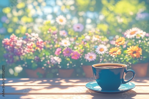 Cozy Coffee Moment in Blooming Outdoor Cafe Setting