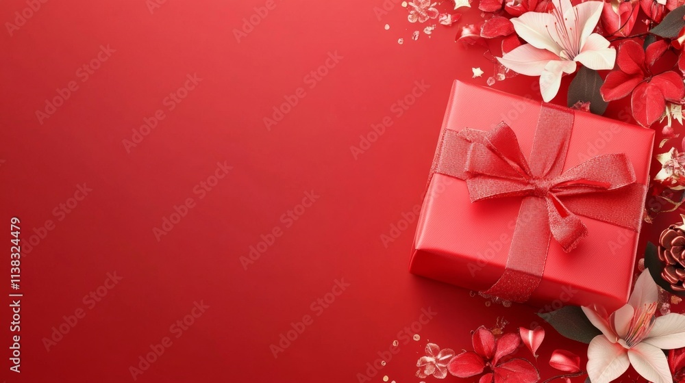 Red background with gift box and flowers, Chinese elements, with copy space Red background with gift box and flowers, Chinese elements, with copy space