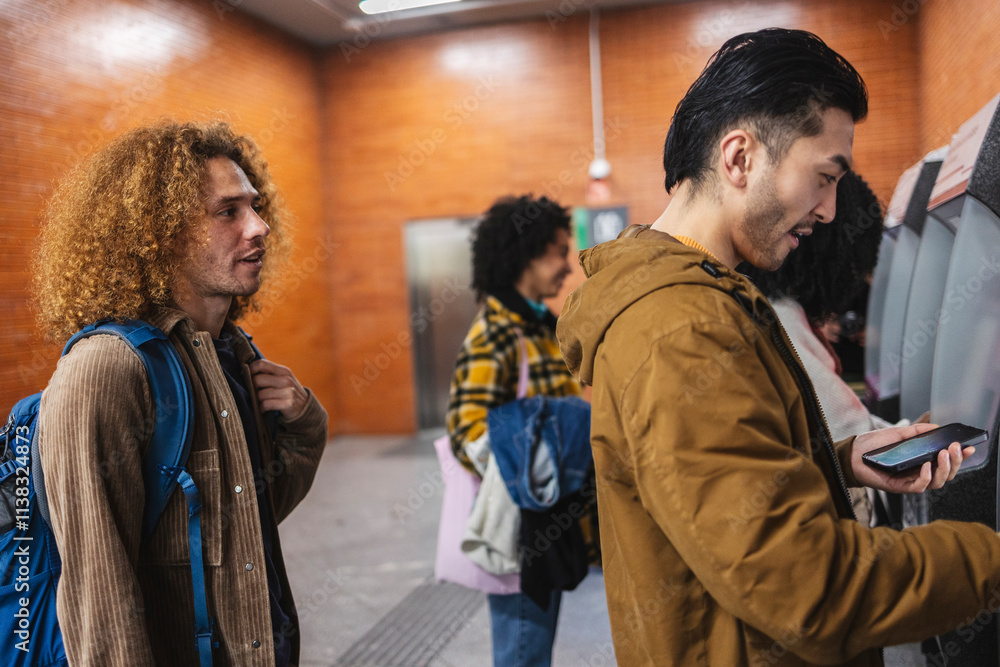 Fototapeta premium Young tourists using mobile phone to buy train tickets at station