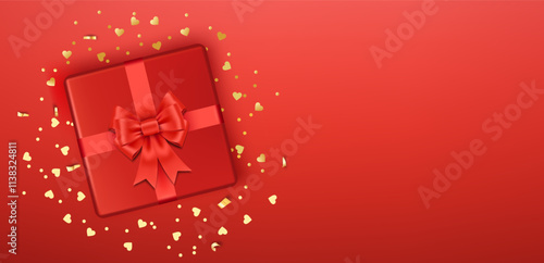 Happy Valentine's Day background. Festive poster, red gift and bow with golden tinsel on red background.
