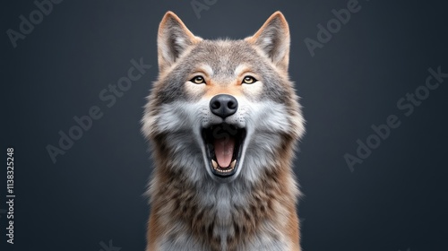 A realistic depiction of a wolf with an open mouth.