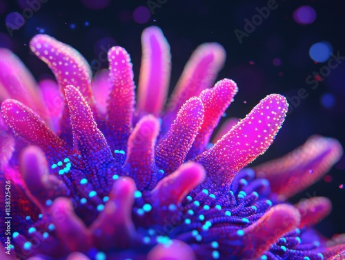 A vibrant, close-up view of coral with colorful, tentacle-like structures, showcasing intricate details and a glowing underwater aesthetic.