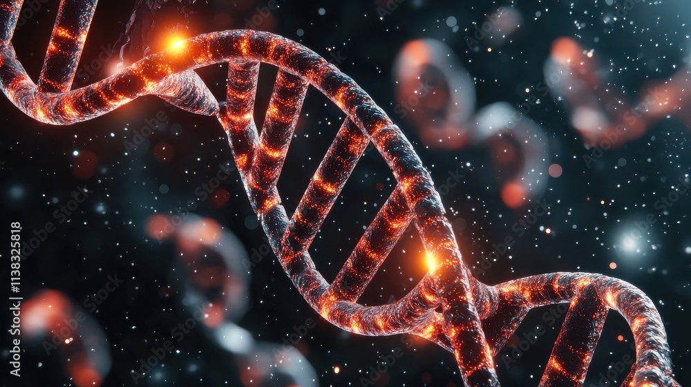 A vibrant 3D rendering of a DNA double helix, showcasing glowing strands against a dark, cosmic background filled with particles. A vibrant 3D rendering of a DNA double helix, showcasing glowing strands against a dark, cosmic background filled with particles.