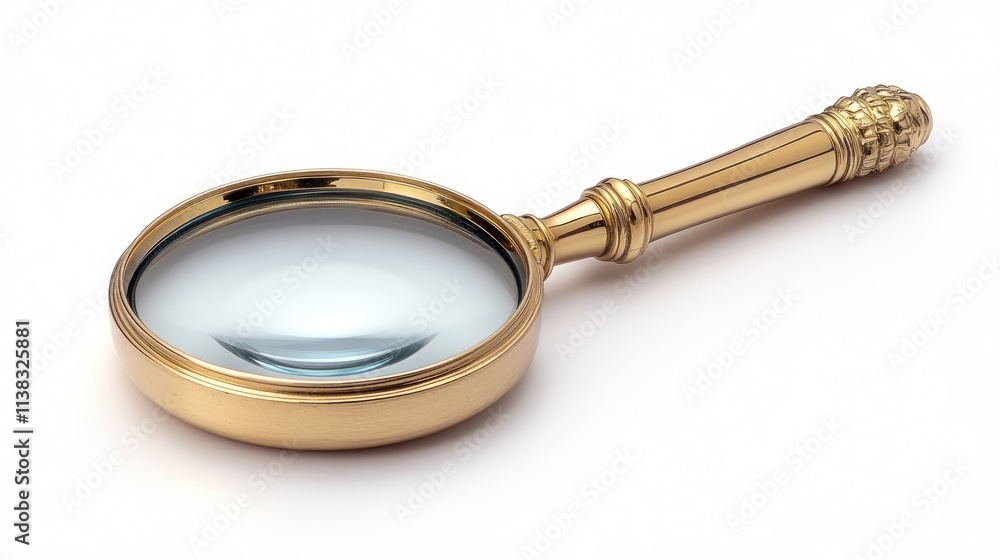 Antique gold magnifying glass isolated on white background.