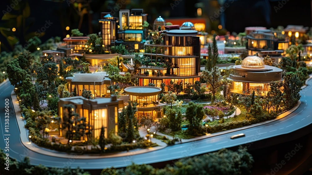 An animated, lit-up tiny city model with contemporary buildings encircled by greenery. 