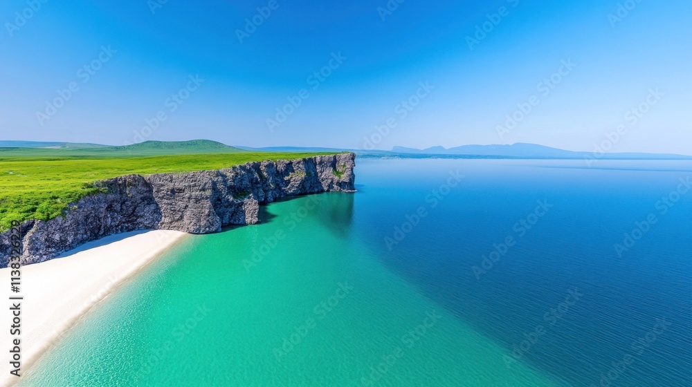 Fototapeta premium A serene coastal landscape with cliffs and clear turquoise waters.