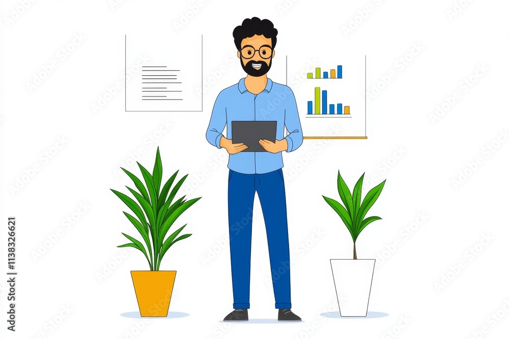 A flat 2D design of a professional delivering a lecture, with simple graphics of charts and notes on a whiteboard, isolated on white A flat 2D design of a professional delivering a lecture, with simple graphics of charts and notes on a whiteboard, isolated on white
