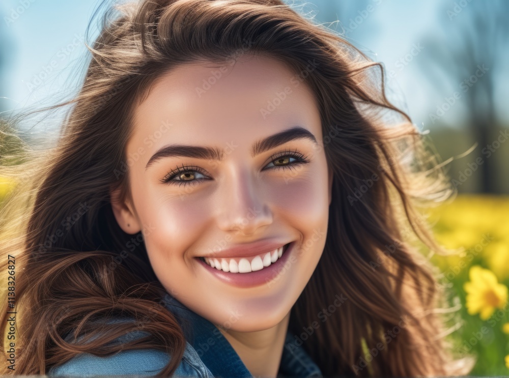 Smiling woman with long brown hair enjoys a sunny day in a field of yellow flowers Smiling woman with long brown hair enjoys a sunny day in a field of yellow flowers