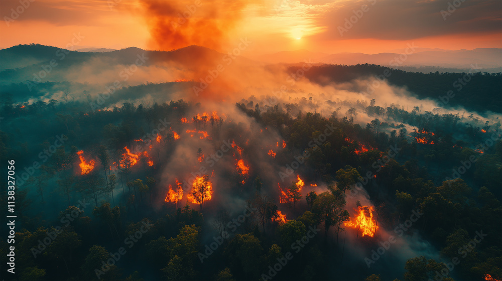 Naklejka premium Mountain Forest Fire with Smoke