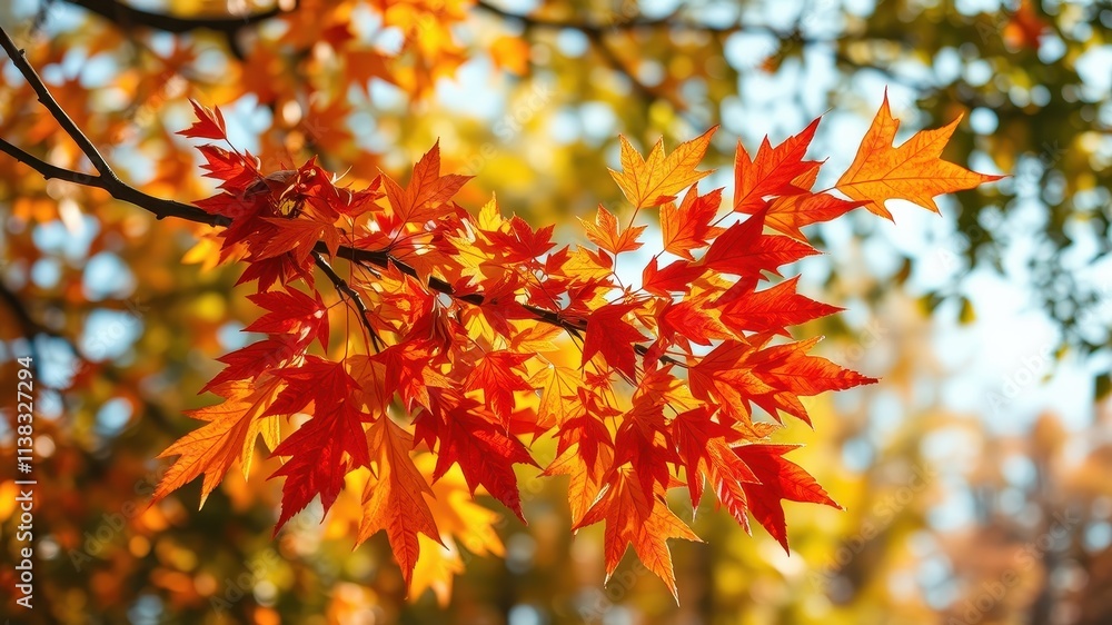 A close-up of a branch adorned with vibrant red and orange leaves, a testament to the beauty of autumn's foliage. A close-up of a branch adorned with vibrant red and orange leaves, a testament to the beauty of autumn's foliage.