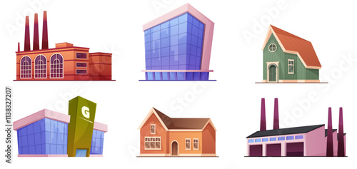 Office buildings. Business factory or store department. Solid city map with government and supermarket figure. Town architecture. Plant house with chimneys. Vector cityscape elements set