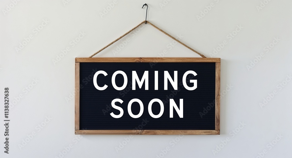 coming soon lettering on hanging sign board on plain white background coming soon lettering on hanging sign board on plain white background