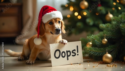 Cute dog in a Santa hat with an Oops sign next to a broken Christmas tree