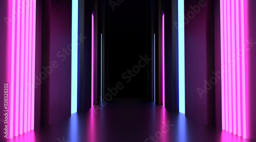 Neon background. Futuristic room stage. Led light party tunnel. Digital line corridor. Podium glossy floor. Studio interior. Nightclub hall. Spotlight reflection. Vector abstract graphic