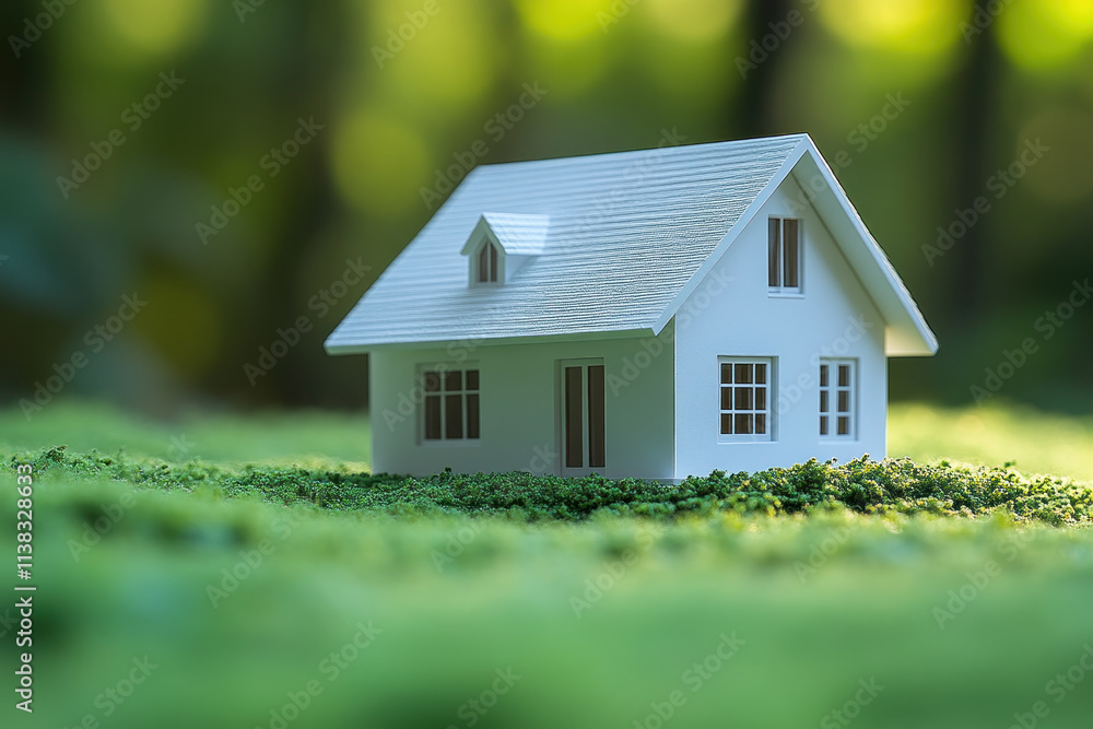 Miniature white house on green moss, eco-friendly home concept.