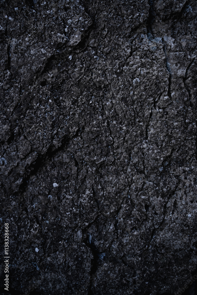 Close-up of black stone texture. Rock surface. Flat concrete stone floor. Old rough concrete wall. Modern gray grunge background with space for design. Template. Backdrop. Granite. Vertical image. Close-up of black stone texture. Rock surface. Flat concrete stone floor. Old rough concrete wall. Modern gray grunge background with space for design. Template. Backdrop. Granite. Vertical image.