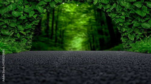 Forest Road to Adventure: A scenic asphalt road disappears into a lush green forest, creating an inviting and mysterious pathway through nature. The vibrant foliage frames the road. photo