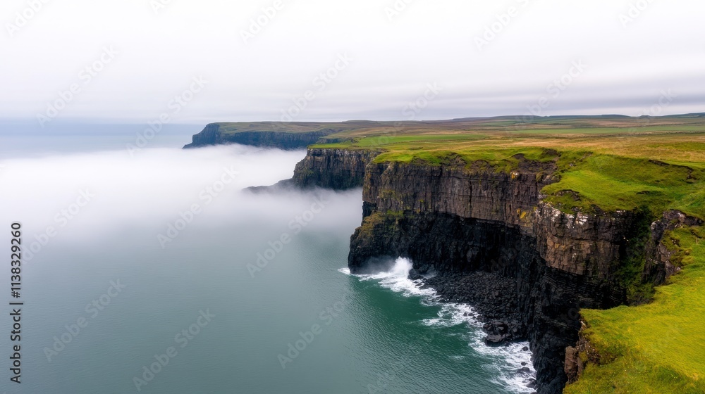 Serene coastal cliffs shrouded in mist over calm waters. Serene coastal cliffs shrouded in mist over calm waters.