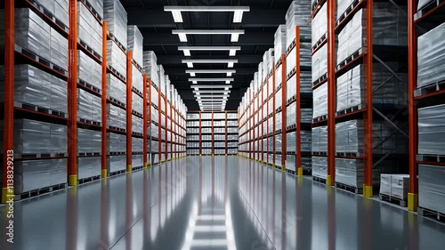 Modern Warehouse Interior with Tall Shelving Units Stocked with Pallets of Goods and Bright Lighting

 photo