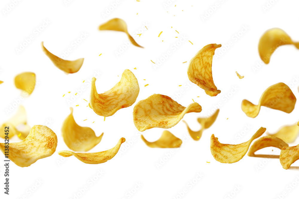 Light and Crispy Cheddar Potato Chips in Flight Isolated on Transparent Background Light and Crispy Cheddar Potato Chips in Flight Isolated on Transparent Background