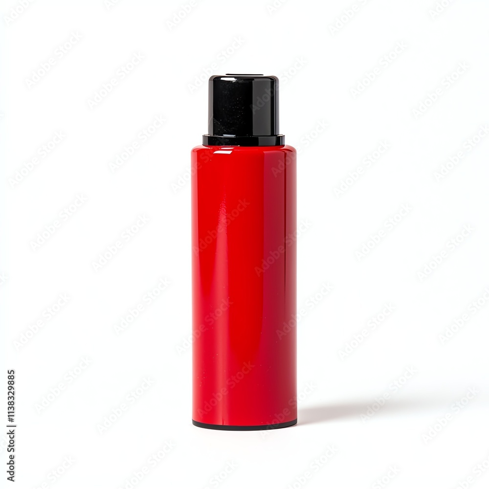 A sleek, cylindrical red bottle with a black cap, perfect for cosmetics or personal care products. A sleek, cylindrical red bottle with a black cap, perfect for cosmetics or personal care products.