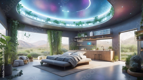 The house of the future, completely self-sufficient, with walls that grow food, energy harvested from the air, and all under a starlit holographic ceiling photo