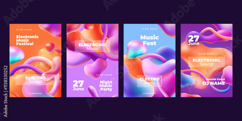 3d liquid background. Blob fluid music festival poster, abstract gradient bubble. Organic entertainment. Music party in night club invitation banner, backdrop with circles. Vector layout