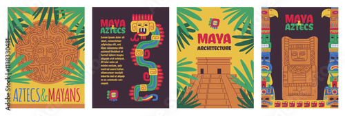 A vector posters featuring vintage tribal idols, a temple inspired by ancient cultures