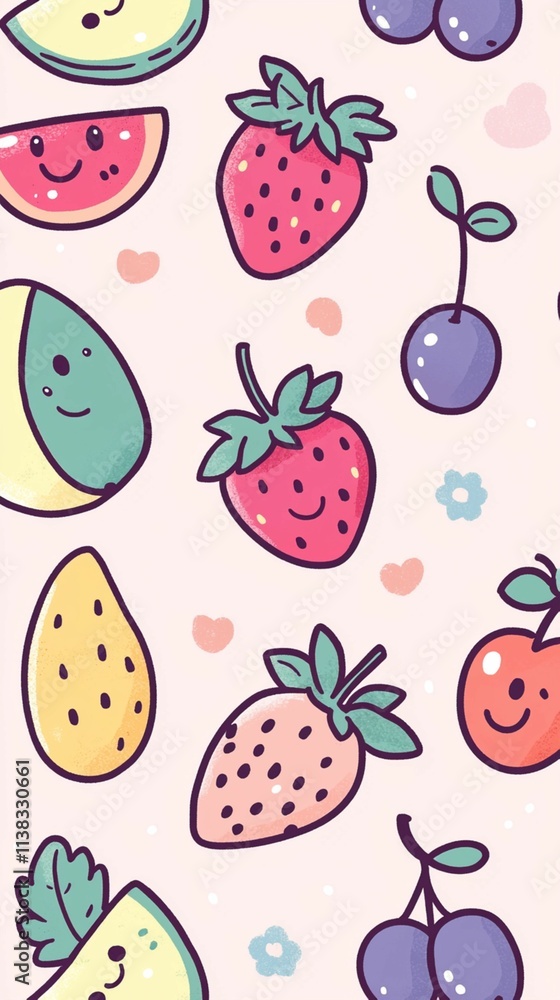 Colorful and Whimsical Fruit Pattern Featuring Cute Illustrations of Various Fruits on a Light Background Perfect for Fun and Playful Designs Colorful and Whimsical Fruit Pattern Featuring Cute Illustrations of Various Fruits on a Light Background Perfect for Fun and Playful Designs