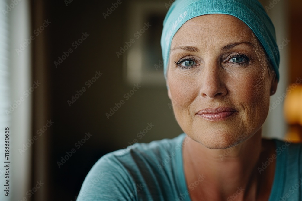 Woman with headscarf showing strength and hope during cancer treatment Woman with headscarf showing strength and hope during cancer treatment