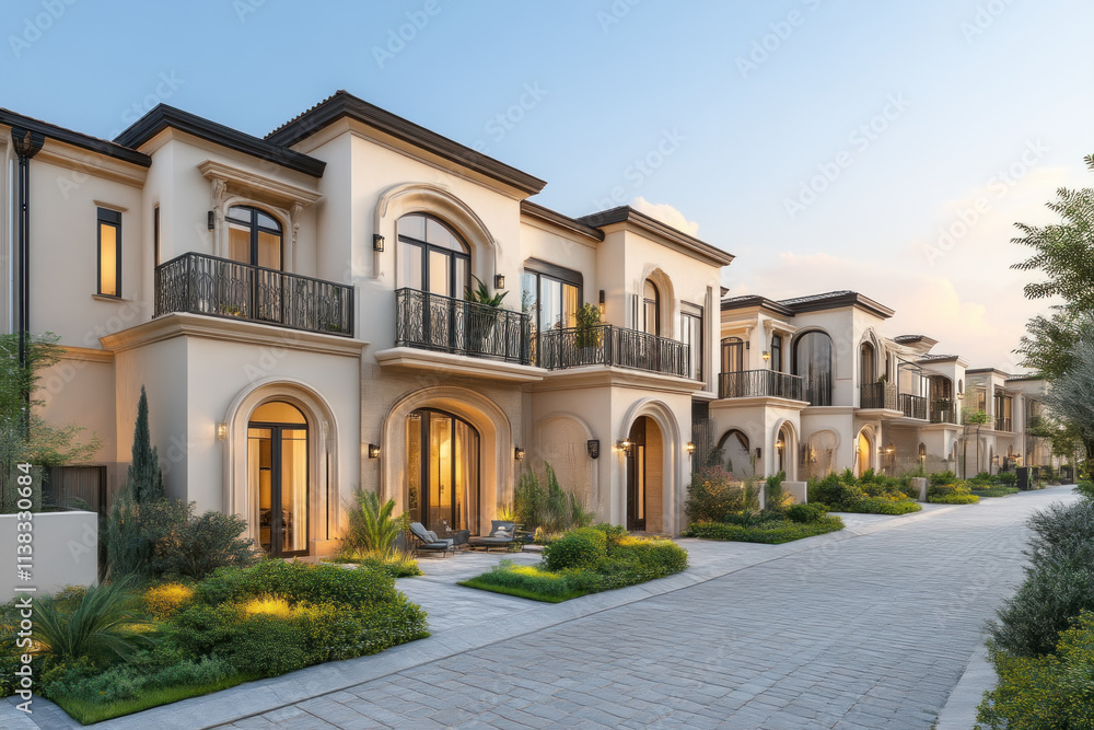 Row of luxury modern houses with balconies and gardens at sunset. Row of luxury modern houses with balconies and gardens at sunset.