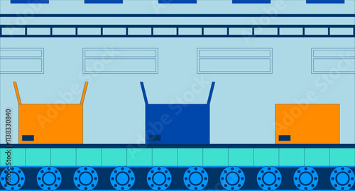 Conveyor belt boxes packing automation flat illustration. Logistics cardboard box sealing process automatic 2D interior cartoon background. Assembly operation in manufacturing scene vector image