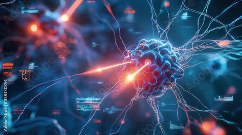 A glowing holographic display of a neural network where targeted laser beams symbolize pain relief interventions like neurostimulation, surrounded by floating data on chronic pain management. photo