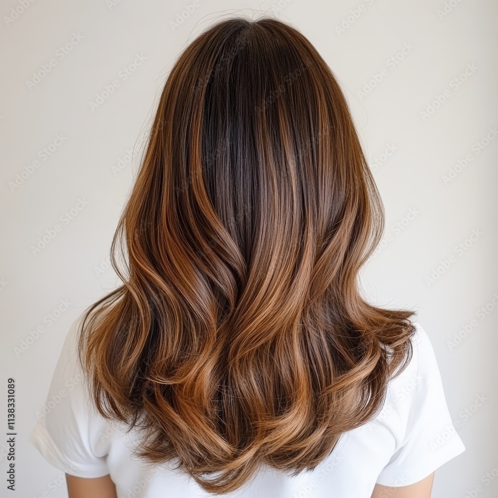 A woman with long brown hair is wearing a white shirt. The hair is styled in a way that it is long and flowing Honey Caramel Balayage A woman with long brown hair is wearing a white shirt. The hair is styled in a way that it is long and flowing Honey Caramel Balayage