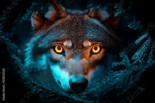 A night scene of a wolf with glowing eyes, framed by shadows of the surrounding forest, evoking primal energy photo