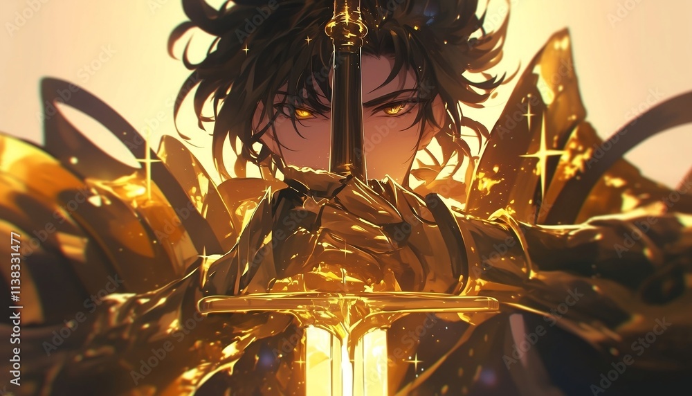 Fototapeta premium anime golden fantasy knight with sword