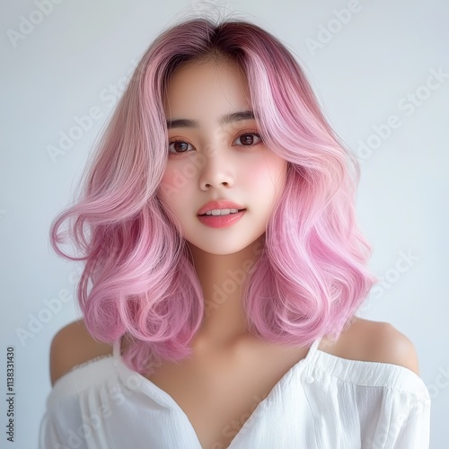 A woman with pink and blue hair is standing in front of a white wall. The hair is styled in a way that it looks like it is curled up Cotton Candy Ombre photo