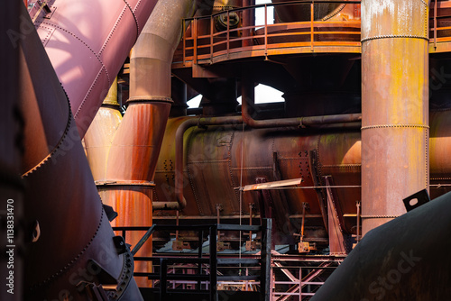 Look into the complex machinery and architecture of a disused steelworks with blast furnace. Rusty pipes, jetties, boilers and tanks. Lost place industrial site in Germany in monochrome orange brown. photo