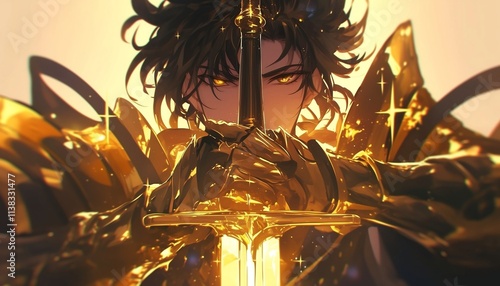 anime golden fantasy knight with sword