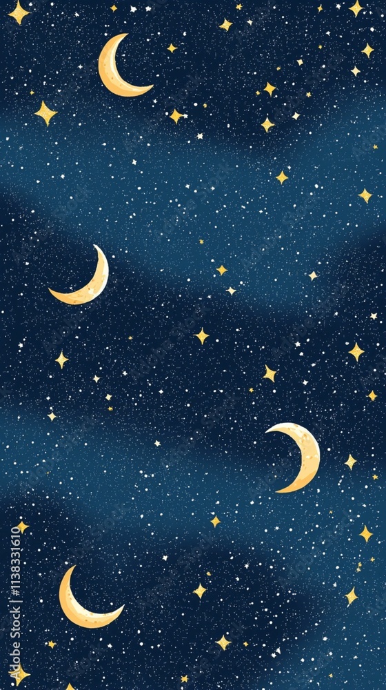 Starry Night Sky with Crescent Moons and Shimmering Stars, Ideal for Backgrounds, Textiles, and Decorative Designs in Celestial Themes Starry Night Sky with Crescent Moons and Shimmering Stars, Ideal for Backgrounds, Textiles, and Decorative Designs in Celestial Themes