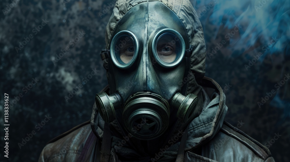 A person wearing a dark, intimidating gas mask stands still against a black background, the mask’s filter and lenses reflecting light. A person wearing a dark, intimidating gas mask stands still against a black background, the mask’s filter and lenses reflecting light.