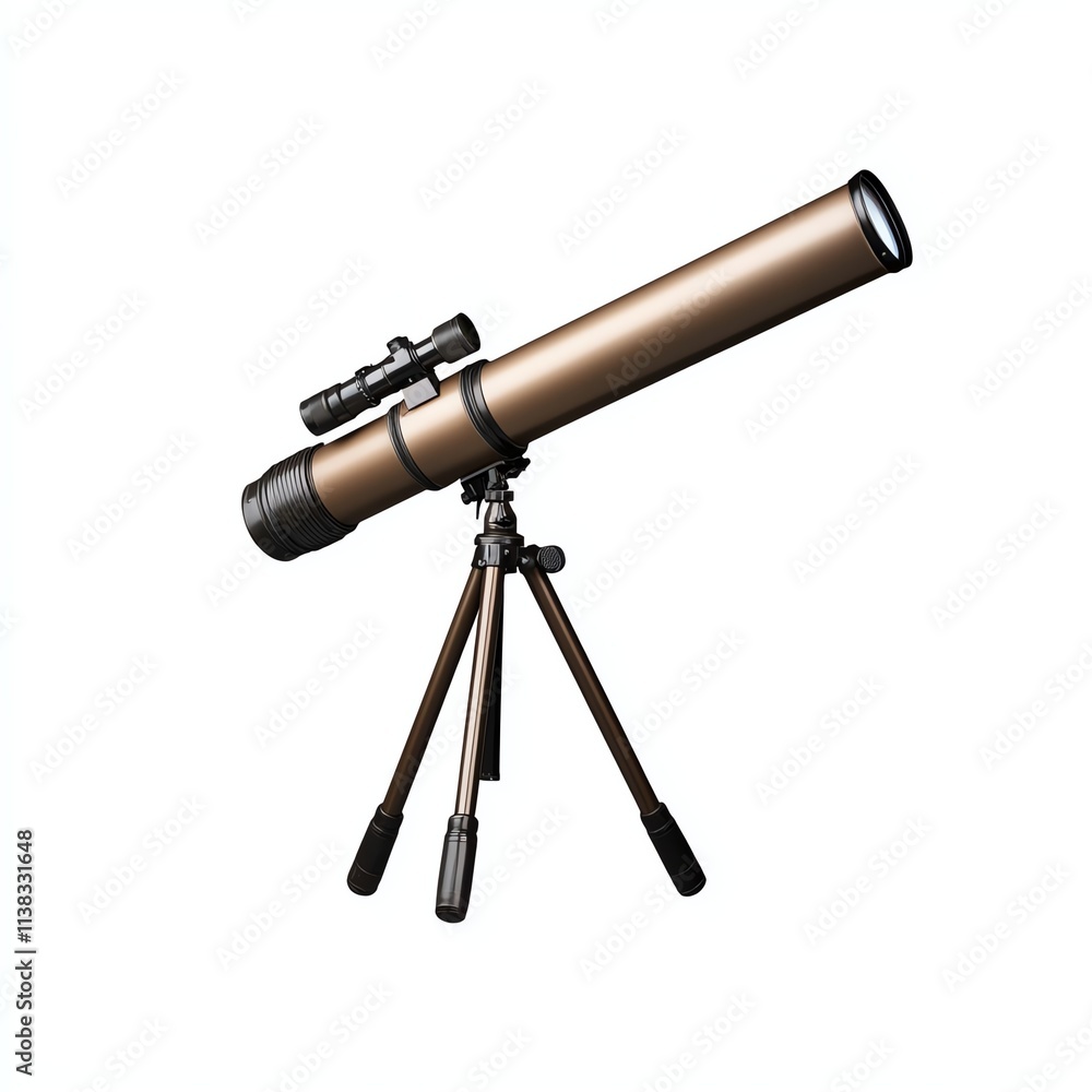 A sleek telescope mounted on a sturdy tripod, designed for stargazing and celestial observation, featuring a brown metallic finish. A sleek telescope mounted on a sturdy tripod, designed for stargazing and celestial observation, featuring a brown metallic finish.