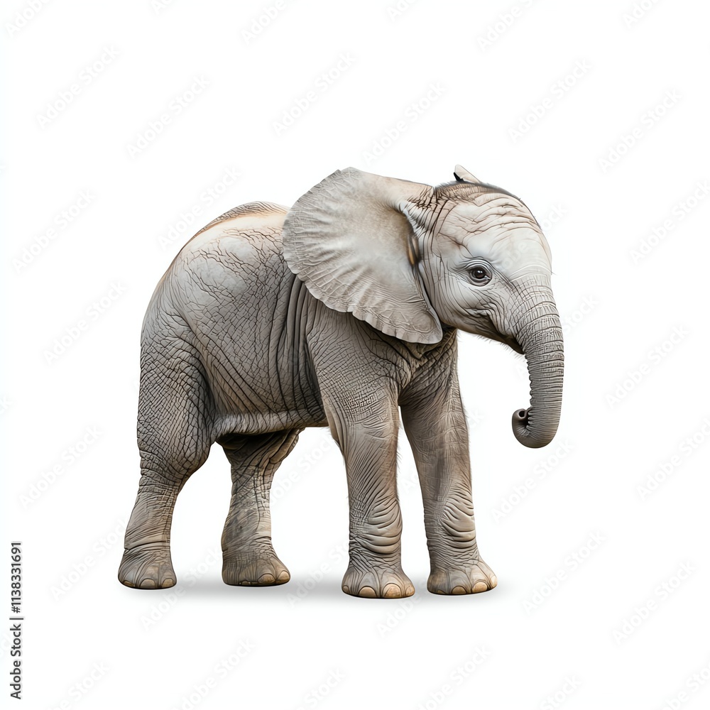Obraz premium A cute baby elephant stands gracefully, showcasing its large ears and trunk in a playful pose against a plain background.