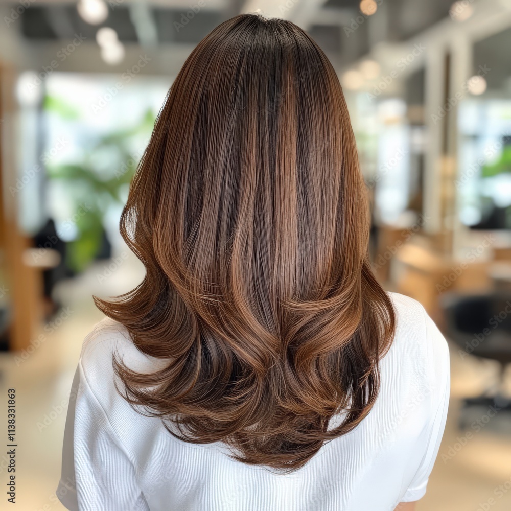 A woman with long brown hair is sitting in a salon. The salon has a modern and clean look, with a few potted plants scattered around A woman with long brown hair is sitting in a salon. The salon has a modern and clean look, with a few potted plants scattered around