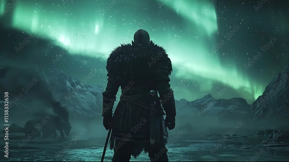 Fototapeta premium Viking warrior stands amidst a vibrant aurora borealis night. 