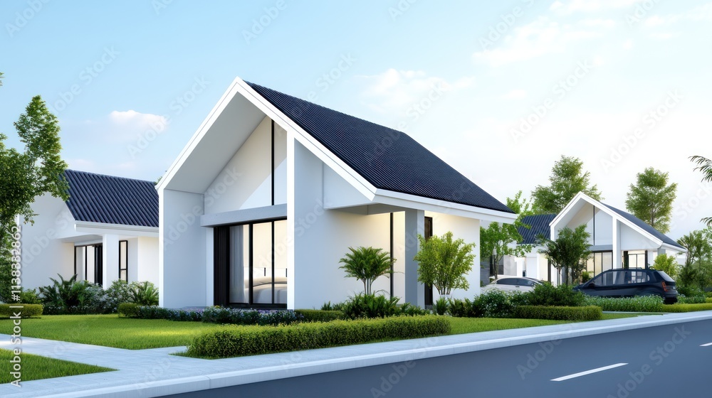Modern houses with sleek designs and green landscaping. Modern houses with sleek designs and green landscaping.